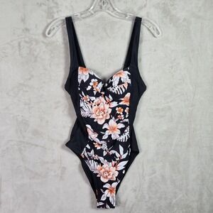 Cupshe Swimwear Womens XS Floral‎ Ruched One Piece Swimsuit Black Orange Summer